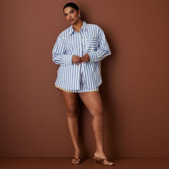 Rosie Assoulin Tops - Women's Long Sleeve Oversized Poplin Button-Down Striped Shirt - Blue L